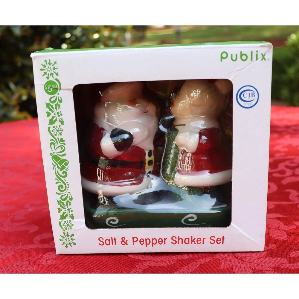 Vintage Publix Mr. and Mrs. Clause Salt & Pepper Shakers with Tray Original Box